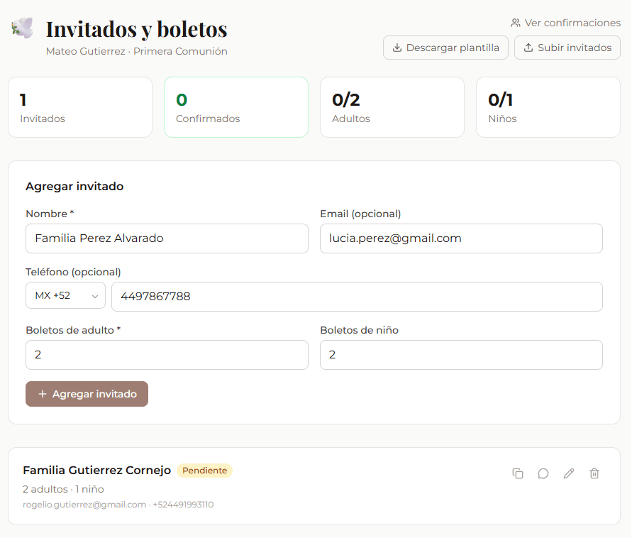 Formulario para agregar un invitado con boletos de adulto y niño en el panel de TeInvito