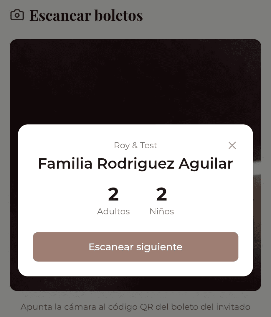 Pantalla del scanner de check-in mostrando el resultado de un boleto escaneado