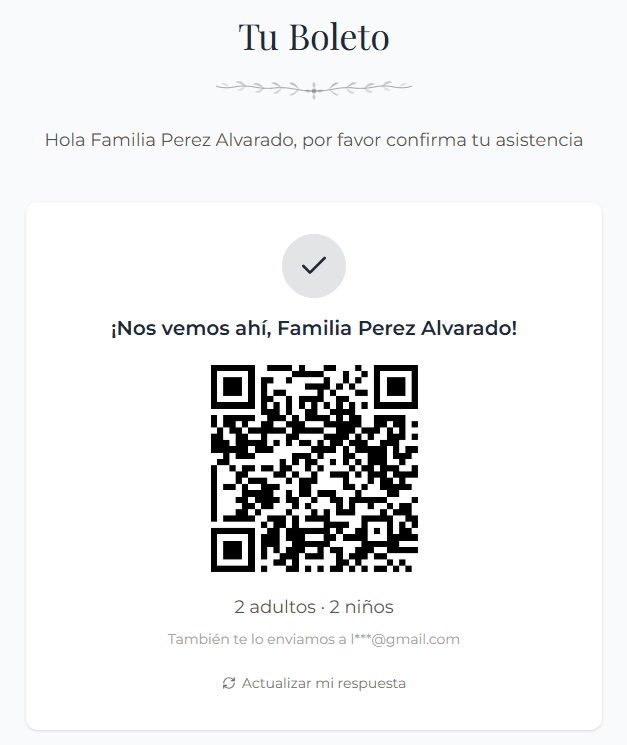 Vista del boleto personal de un invitado con su código QR