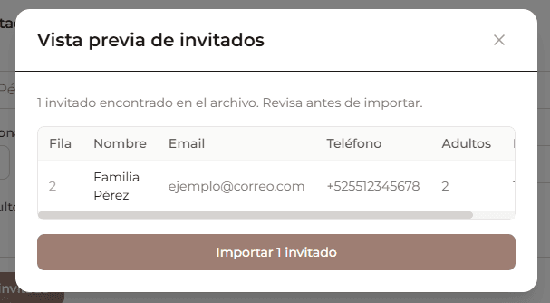 Modal de importación mostrando la carga de un archivo de invitados