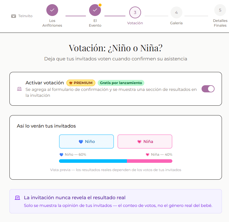 Paso de configuración de la votación niño o niña en el wizard de TeInvito